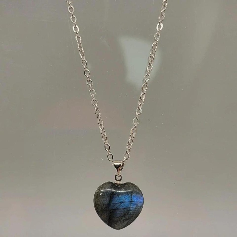 Blue Flash Labradorite Heart Necklace, Natural Stone Pendant  Stainless Steel